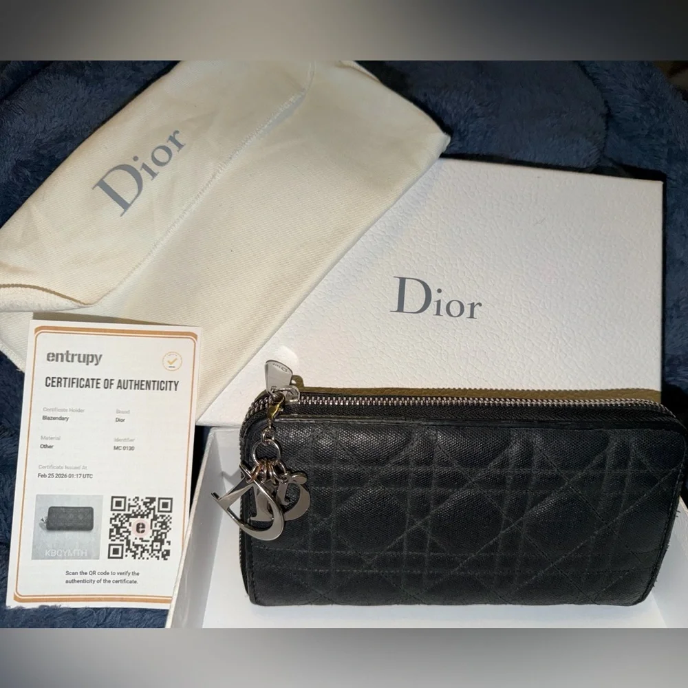 Dior Black Quilted Leather Zippy Wallet with Silver Charm